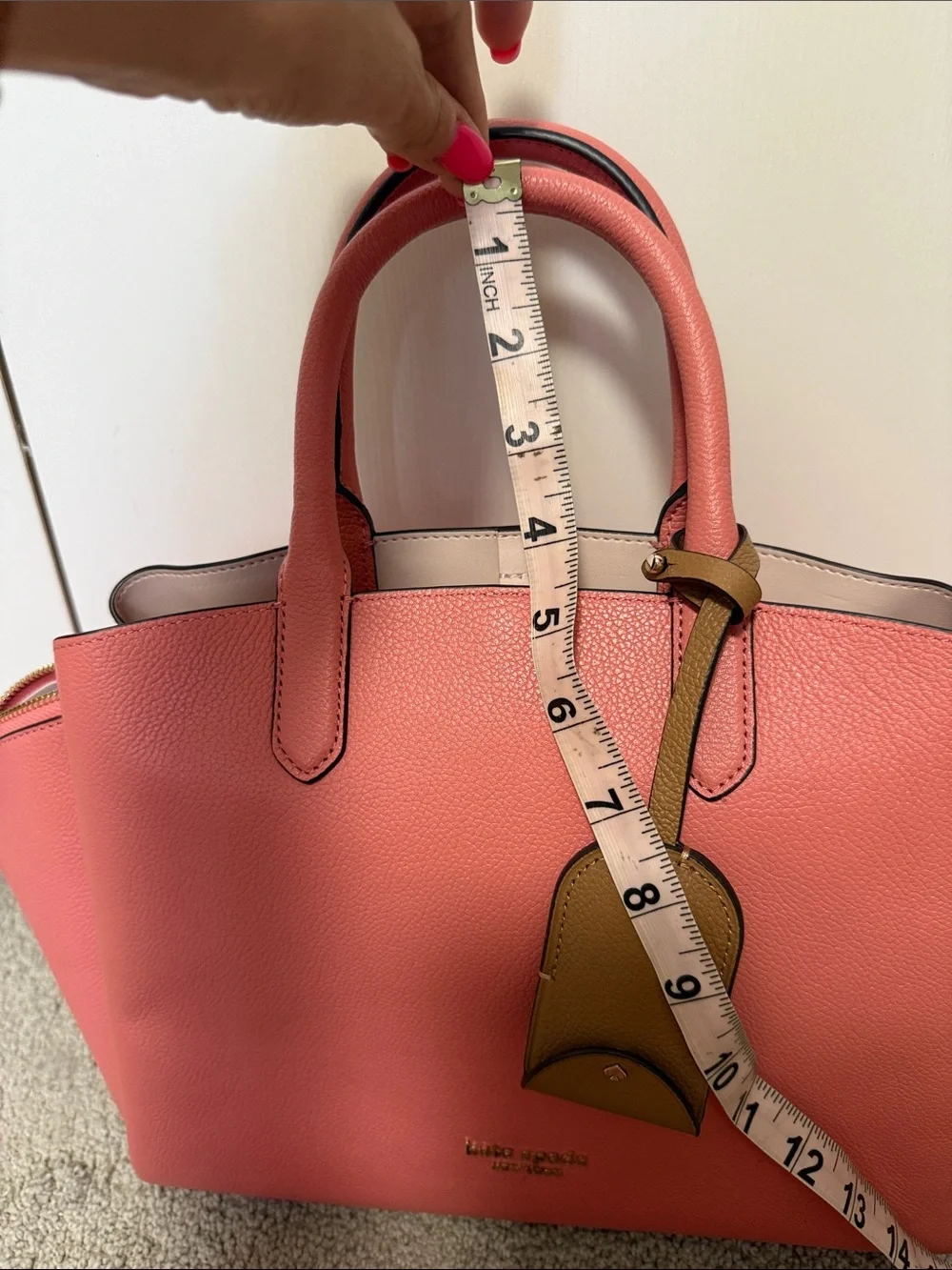 kate spade Coral Pink Pebbled Leather Satchel with Tan Tag